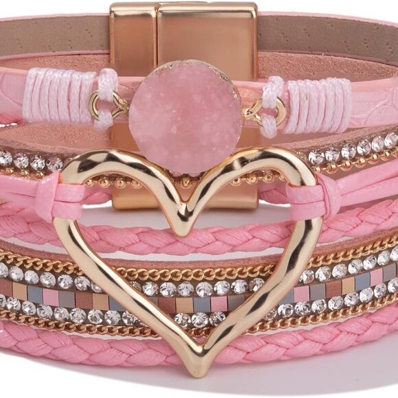 Heart Leather Wrap Bracelets Stackable Boho Cuff Bangles Trendy Resin Stone - Picture 1 of 9